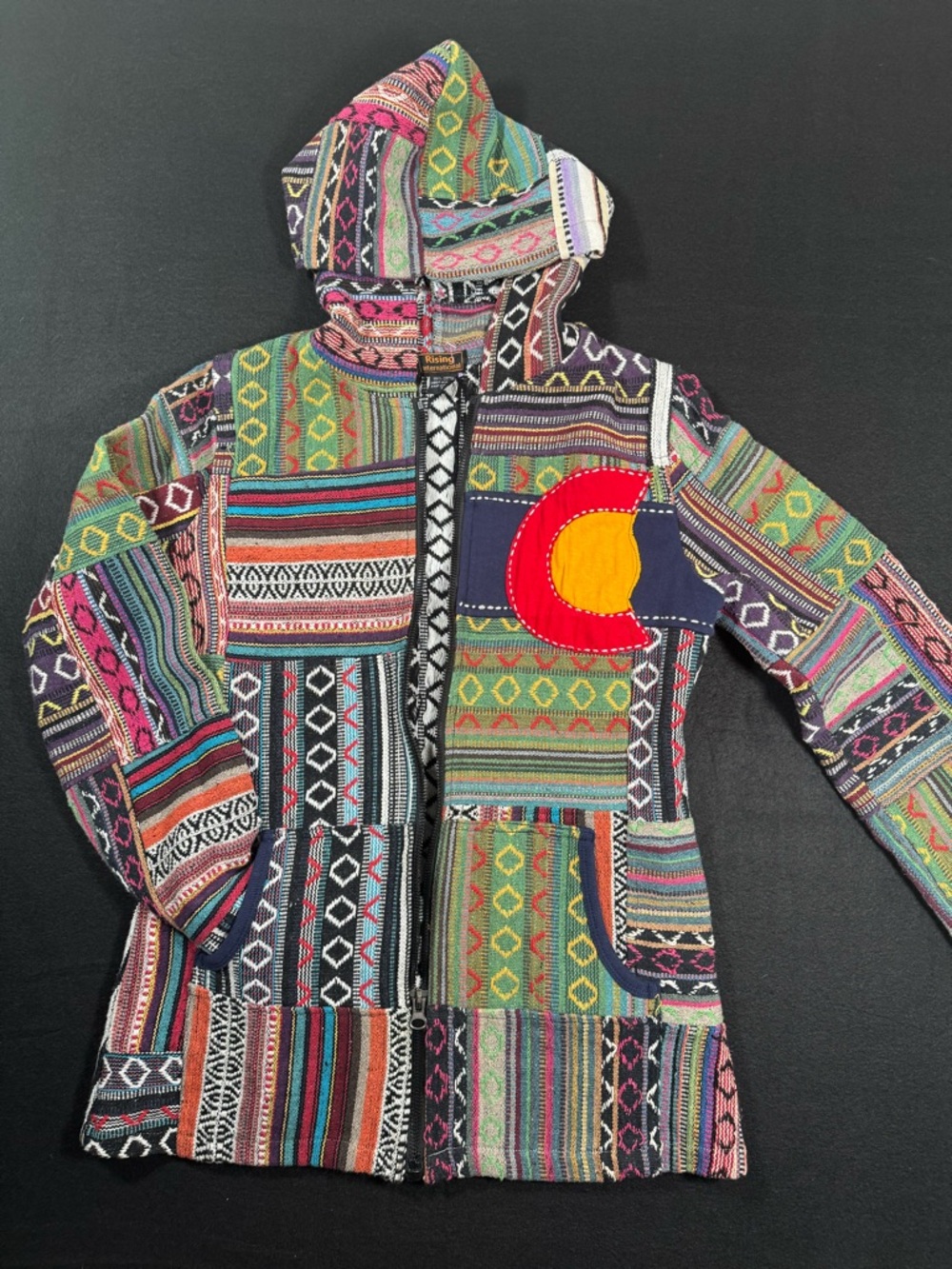 Rising International Black Hoodie with Multicolor Patch Trim